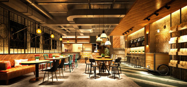 3d render café restaurante estilo madera - café edificio de hostelería fotografías e imágenes de stock