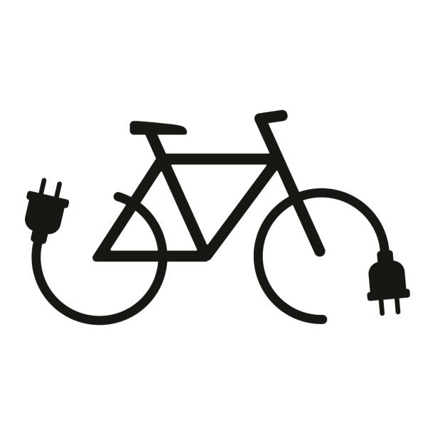 Bicycle with charging cables as wheels Simple black silhouette symbol or icon isolated on white background electric motor white background stock illustrations