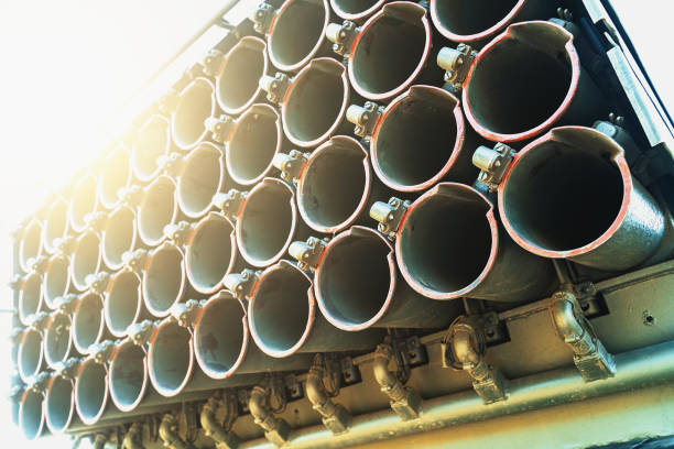 istock Multiple rocket launcher on military truck in sunlight, close up 1179456686