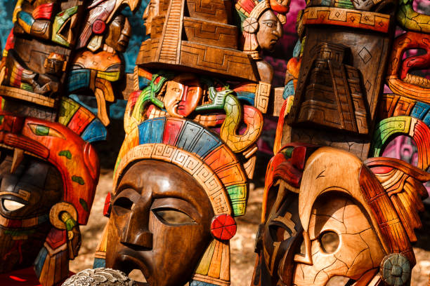 Different wooden souvenirs at the local Mexican market Different wooden souvenirs at the local Mexican market in the Chichen Itza aztec civilization photos stock pictures, royalty-free photos & images