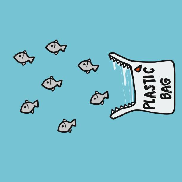 ilustrações de stock, clip art, desenhos animados e ícones de plastic bag monster trying to eat fishes cartoon vector illustration, environment concept - save oceans