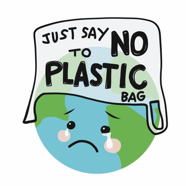 ilustrações de stock, clip art, desenhos animados e ícones de say no to plastic bags sad earth cartoon vector illustration - save oceans