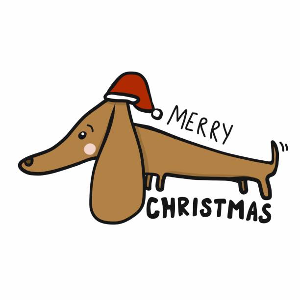dackel hund tragen santa hut, frohe weihnachten cartoon vektor illustration doodle stil - wearing hot dog costume stock-grafiken, -clipart, -cartoons und -symbole