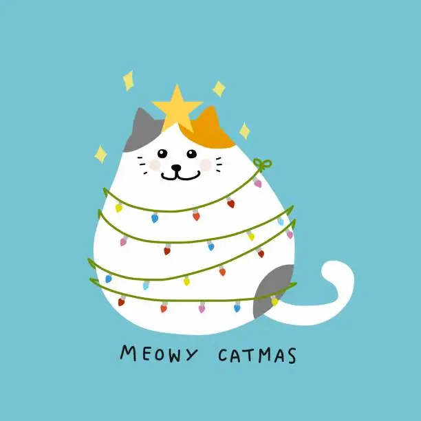 Vector illustration of Fat cat act to be Christmas tree with colorful lightbulb, Meowy Catmas cartoon vector illustration