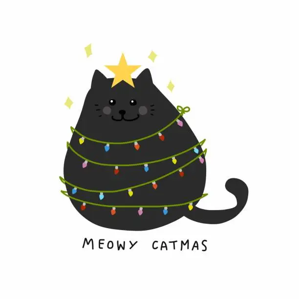 Vector illustration of Fat cat act to be Christmas tree with colorful lightbulb, Meowy Catmas cartoon vector illustration