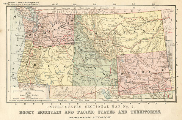 ilustraciones, im�ágenes clip art, dibujos animados e iconos de stock de montañas rocosas y pacífico estados mapa 1881 - montana map usa old