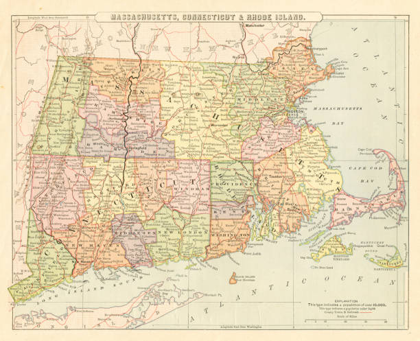 ilustraciones, imágenes clip art, dibujos animados e iconos de stock de mapa massachusetts, connecticut, rhode island 1881 - connecticut map