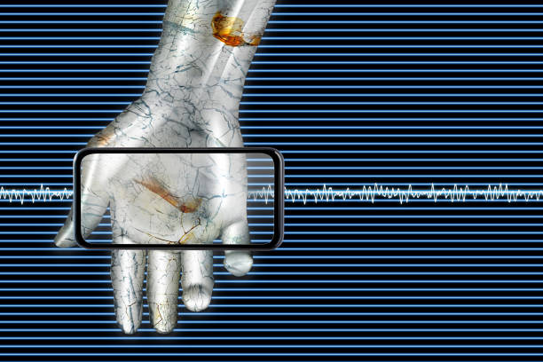 istock 5G future image. A smartphone of the 5th generation mobile communication system placed in the palm of a metallic robot. In the background, millimeter waves run in dark blue. 1179460566