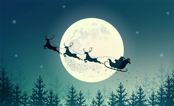 ilustrações de stock, clip art, desenhos animados e ícones de santa claus on sleigh with reindeer on background of full moon. merry christmas and happy new year - lunar year