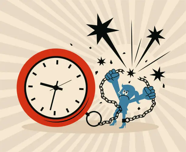Vector illustration of Businesswoman locked in a big clock and chain is pulling apart the chain