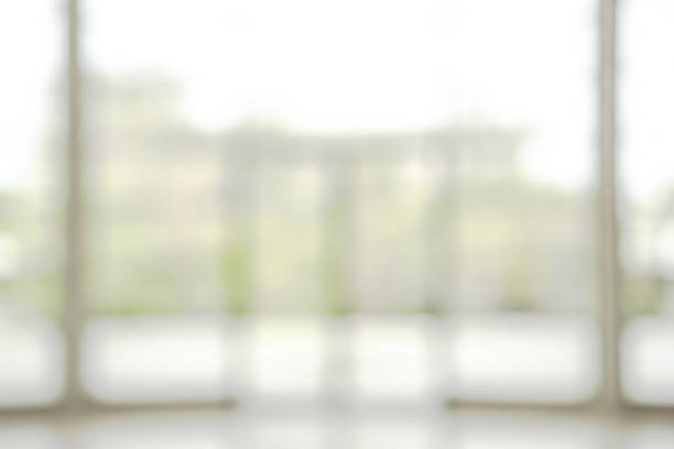 istock Office building lobby hall blur background or blurry school hallway corridor interior view looking toward empty corridor entrance, glass curtain wall and floor with exterior light illumination 1179462400