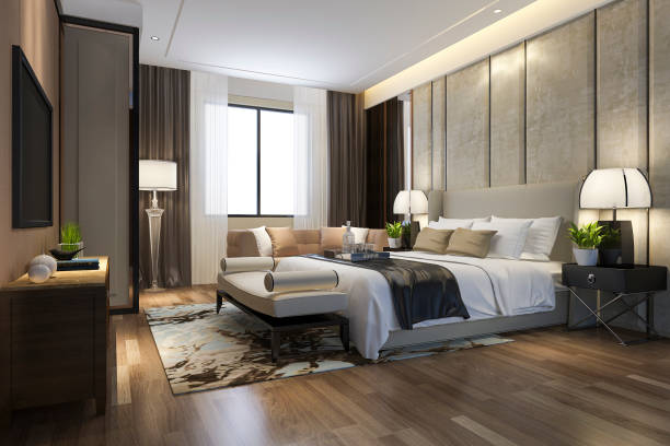 istock 3d rendering beautiful luxury bedroom suite in hotel with tv and working table 1179468243