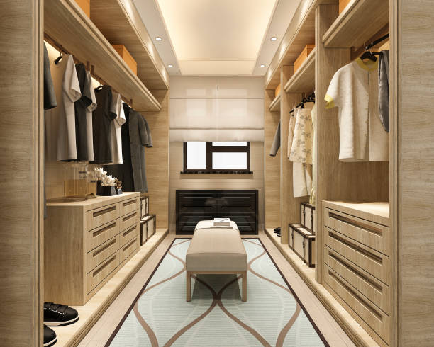 istock 3d rendering minimal scandinavian wood walk in closet with wardrobe 1179468250