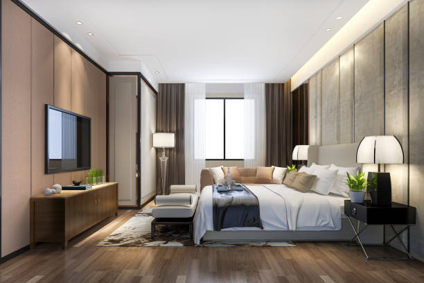 istock 3d rendering beautiful luxury bedroom suite in hotel with tv and working table 1179468252