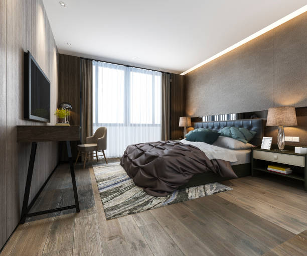 istock 3d rendering beautiful luxury bedroom suite in hotel with tv and working table 1179468253
