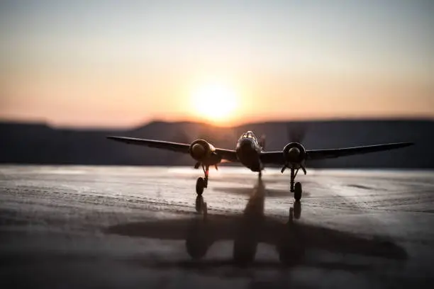 German World war bomber at sunset ready to fly. Creative artwork decoration. Selective focus