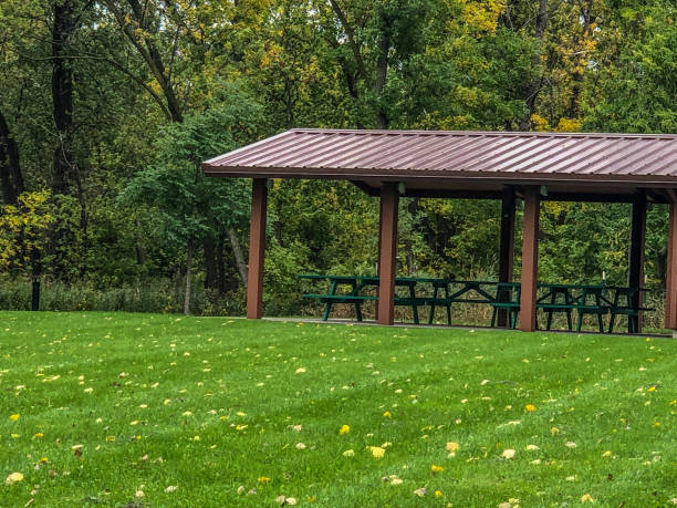istock Shelter building in park with picnic tables 1179472931
