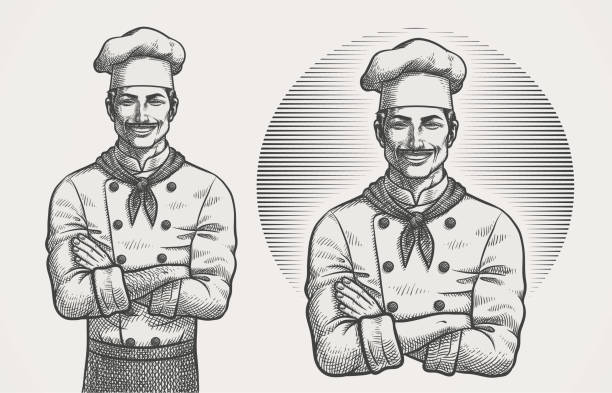 ilustrações de stock, clip art, desenhos animados e ícones de male chef hatching illustration - characters cooking chef bakery