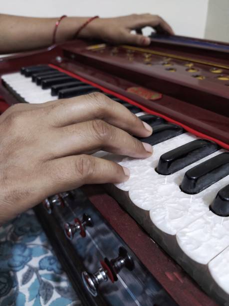 istock Female playing harmonium a musical instrument 1179480049