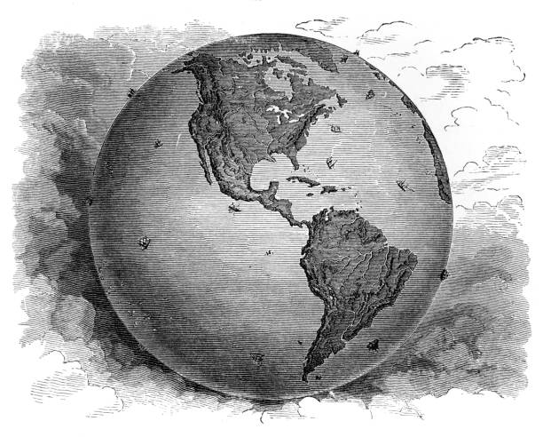 illustrazioni stock, clip art, cartoni animati e icone di tendenza di mappa emisfero occidentale1881 - pianeta terra illustrazioni