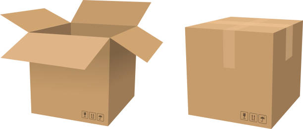 ilustraciones, imágenes clip art, dibujos animados e iconos de stock de caja de cartón abierta y cerca - cardboard box