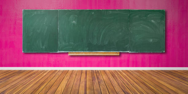 istock Blank green chalkboard, blackboard texture with copy space hangs on pink grunge wall and wooden floor 3D-Illustration 1179486142
