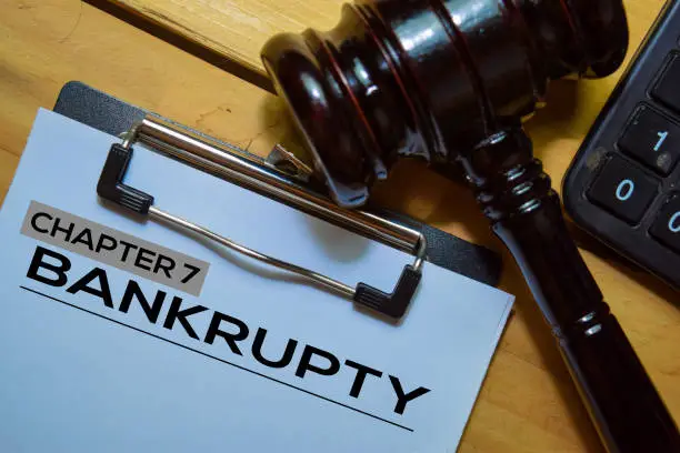 Bankcrupty Chapter 7 text on Document form and Gavel isolated on office desk.