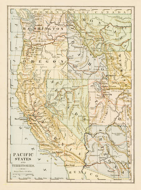 ilustrações de stock, clip art, desenhos animados e ícones de map of the pacific states 1875 - montana map old cartography