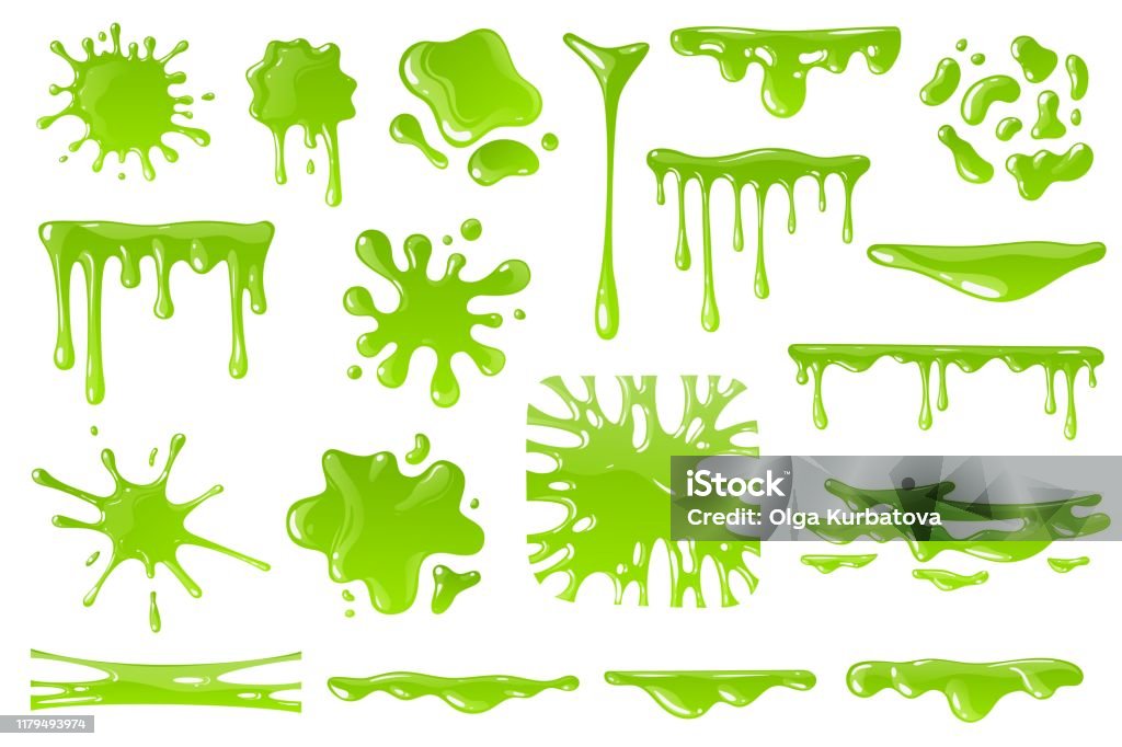  Ilustración de Limo De Dibujos Animados Verde Salpicaduras De Goo Blob Moco Pegajoso Que Gotea Gotas Delgadas Bordes Desordenados Para Banners De Halloween Conjunto Vectorial Aislado y más Vectores Libres de Derechos