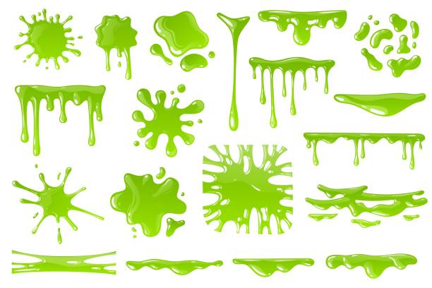 ilustraciones, imágenes clip art, dibujos animados e iconos de stock de limo de dibujos animados verde. salpicaduras de goo blob, moco pegajoso que gotea. gotas delgadas, bordes desordenados para banners de halloween conjunto vectorial aislado - gooey