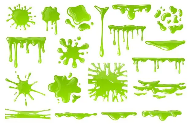 Vector illustration of Green cartoon slime. Goo blob splashes, sticky dripping mucus. Slimy drops, messy borders for halloween banners isolated vector set