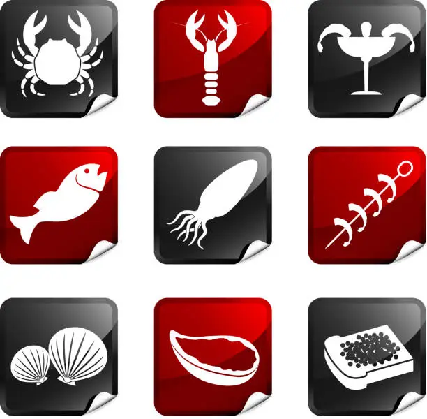 Vector illustration of seafood royalty free vector icon set stickers