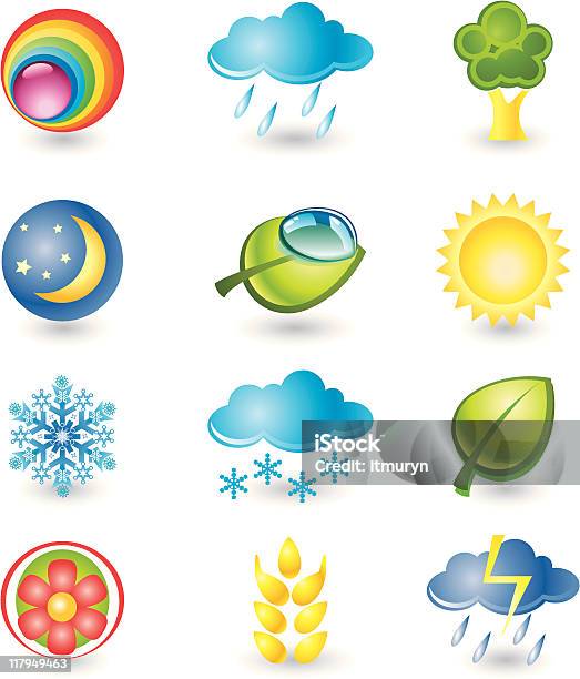 Set Di Icone Natura E Meteo - Immagini vettoriali stock e altre immagini di Pioggia - Pioggia, Riciclaggio, A forma di stella