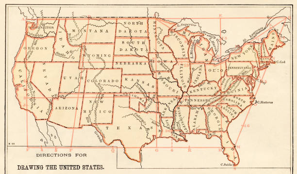 ilustraciones, imágenes clip art, dibujos animados e iconos de stock de mapa de los estados unidos 1875 - montana map usa old