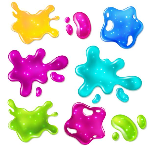 Color slimes. Glossy goo yellow, purple, green and blue slime blots. Girly dripping toys vector isolated set Color slimes. Glossy goo yellow, purple, green and blue slime blots. Girly dripping toys vector isolated halloween texture bright objects set slimy stock illustrations