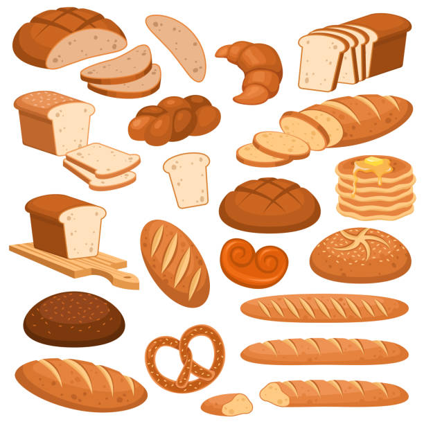 ilustrações, clipart, desenhos animados e ícones de pão dos desenhos animados. produtos do centeio da padaria, trigo e pão cortado grão inteiro. baguette, croissant e bagel franceses, projeto do menu do vetor do brinde - wheat whole wheat cereal plant rye