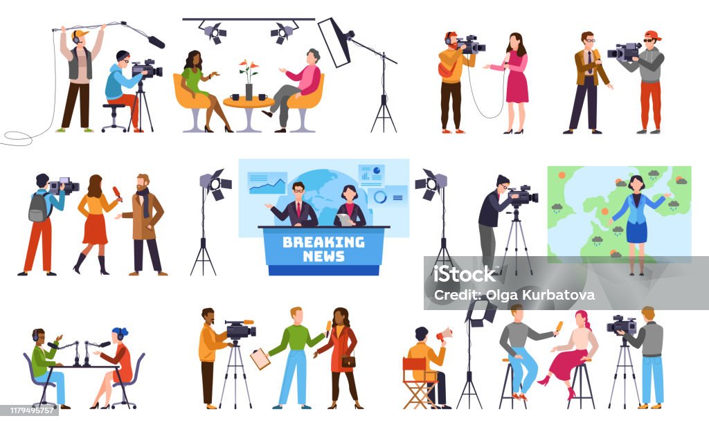 Journalists. Newscaster and journalist profession, media record. Television industry. Press interview with cameraman vector characters Journalists. Newscaster and journalist profession, media record. Television industry. Press interview with cameraman vector talking to camera isolated characters Journalist stock vector
