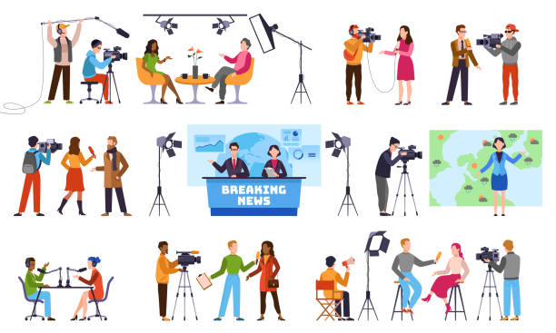 Journalists. Newscaster and journalist profession, media record. Television industry. Press interview with cameraman vector characters Journalists. Newscaster and journalist profession, media record. Television industry. Press interview with cameraman vector talking to camera isolated characters microphone photos stock illustrations
