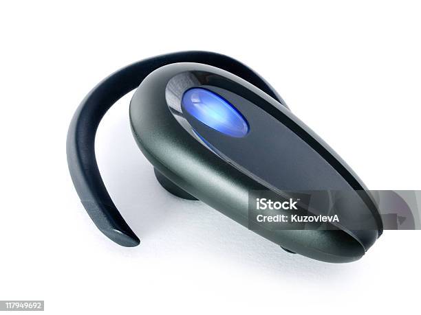 Black Bluetooth Hands Free Ear Device With Blue Button Stock Photo - Download Image Now