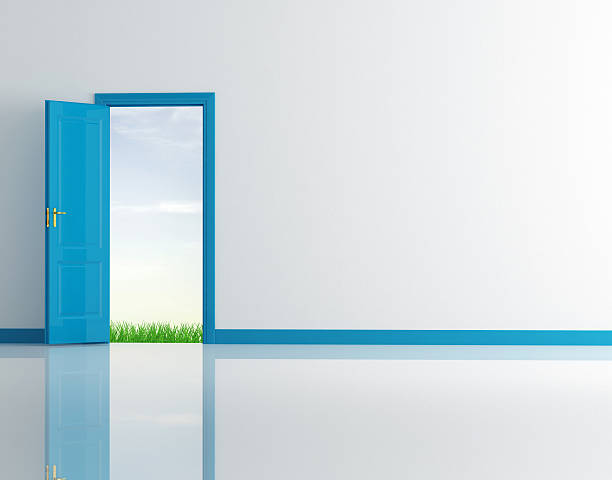 istock Open blue door in white room opens to grass outdoors 117949701