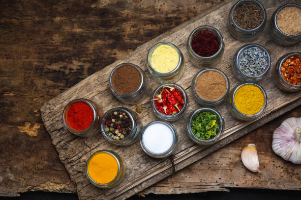 Large collection of spices in small bowls