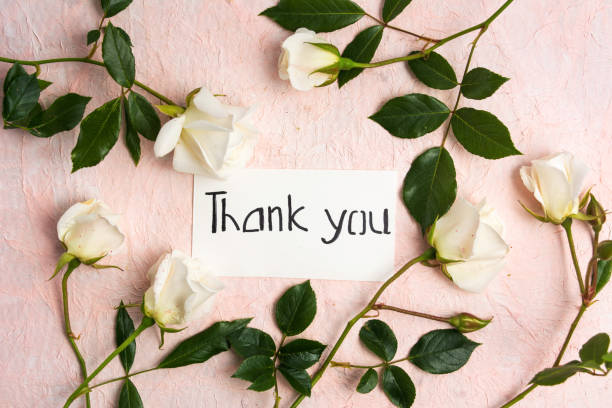 Handwritten Thank you card with flowers Handwritten Thank you card with white rose flowers replay photos stock pictures, royalty-free photos & images