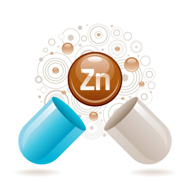 ilustraciones, imágenes clip art, dibujos animados e iconos de stock de suplemento de zinc vitamínico mineral para la salud. cápsula con icono de elemento zn, símbolo de dieta saludable. bola de color 3d aislada sobre fondo blanco. ilustración vectorial de moda, suministro de minerales médicos - zinc