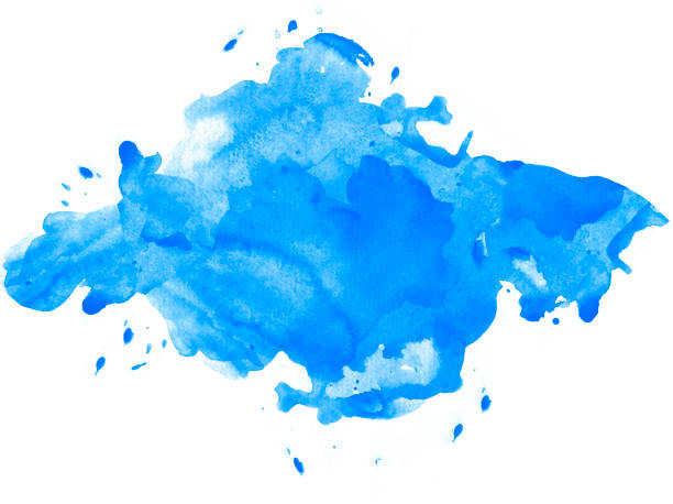 Blue watercolor splatter with splashes on white watercolor paper