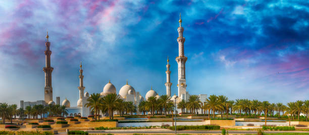istock Abu Dhabi, UAE. Panoramic view at sunset of Sheikh Zayed Mosque 1179505824