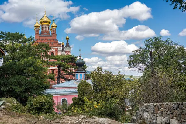 Russia, Crimea peninsula. Toplovsky Holy Trinity Paraskevievsky Monastery - the famous women's Orthodox monastery. Cathedral in honor of the Life-Giving Trinity.
