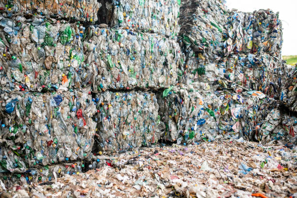 istock Compressed Paper and Plastic Stacked at Recycling Facility 1179506222