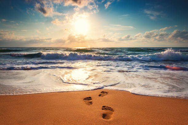 el hombre pisa la playa hacia el mar, tiro de salida naranja del amanecer - footprint sand sea beach fotografías e imágenes de stock