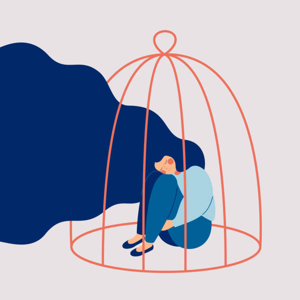 illustrations, cliparts, dessins animés et icônes de jeune femme triste enfermée dans une cage. - teenager depression sadness violence