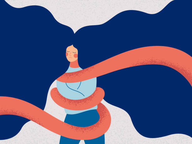A young woman with flying hair is tied with a rope. A young woman with flying hair is tied with a rope. Concepts of restrictions on the ability of women in society. Human character illustration exploitation stock illustrations